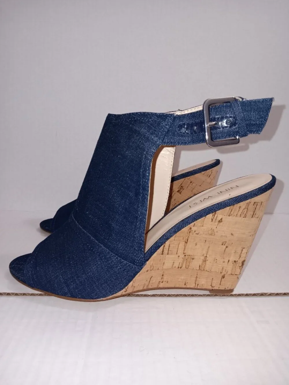 NINE WEST BLUE DENIM OPEN TOE WEDGE SHOES